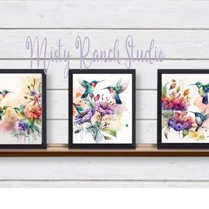 Set of 3 Stunning UNFRAMED Hummingbirds in Trees Watercolor Illustrations Wall A